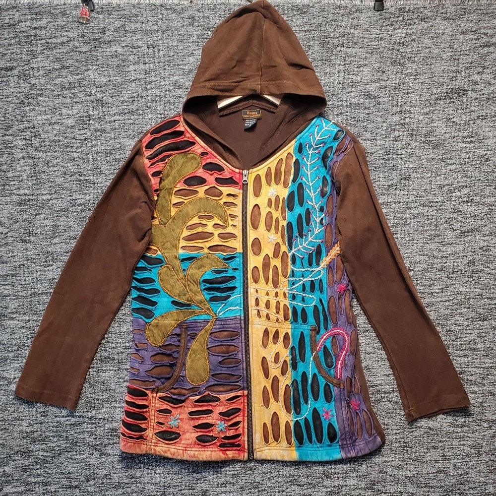 Rising International Patchwork Zip Hoodie Womens Medium Brown Boho Embroidered